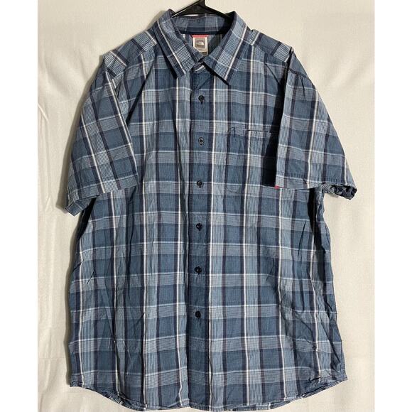 The North Face Mens Sz XL Short Sleeve Shirt Blue Gray Striped Button Up - Picture 1 of 9